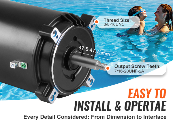 VEVOR pool pump motor displayed with technical specs and a family enjoying a pool in the background.