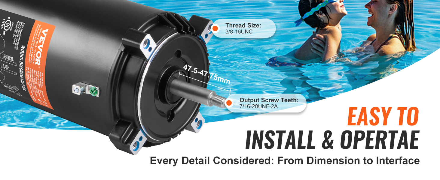 VEVOR pool pump motor displayed with technical specs and a family enjoying a pool in the background.