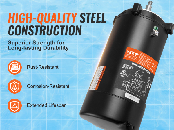 VEVOR pool pump motor with high-quality steel construction, rust-resistant, corrosion-resistant, extended lifespan.