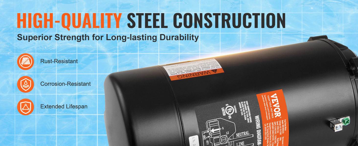 VEVOR pool pump motor with high-quality steel construction, rust-resistant, corrosion-resistant, extended lifespan.