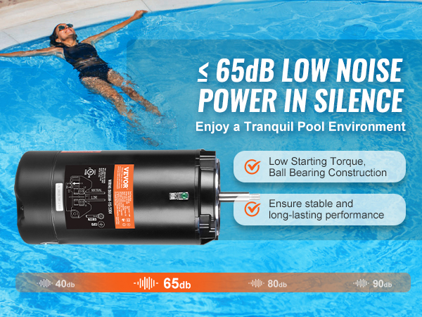 VEVOR pool pump motor with ≤ 65db noise, ensuring a quiet pool environment and stable performance.