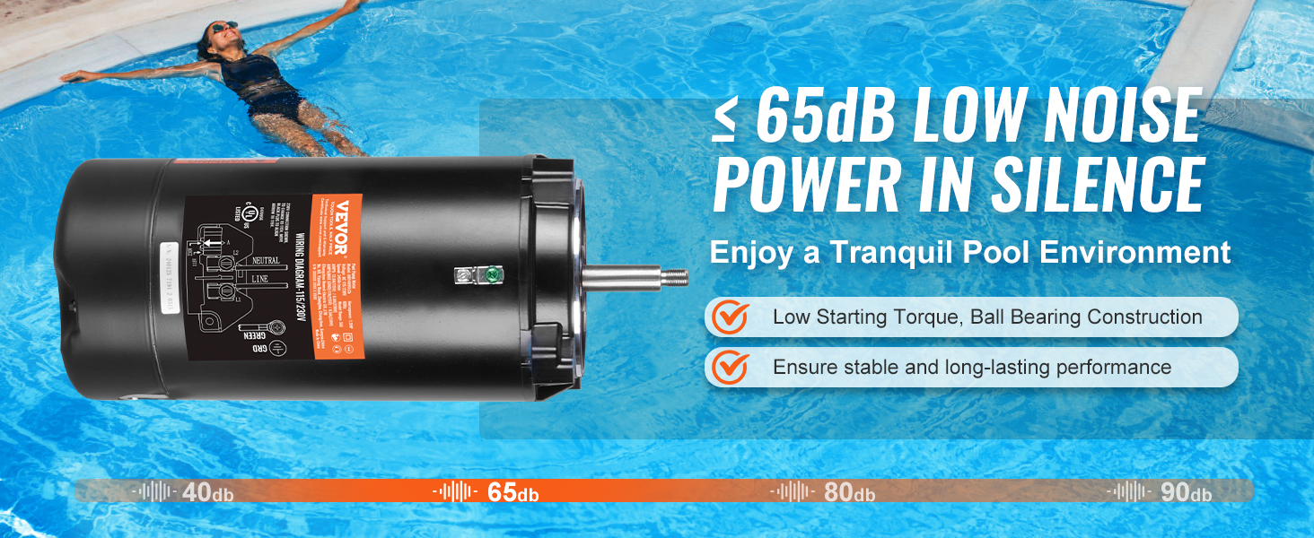 VEVOR pool pump motor with ≤ 65db noise, ensuring a quiet pool environment and stable performance.