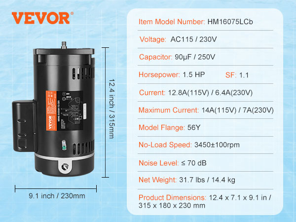 VEVOR pool pump motor specifications: 1.5 hp, 115/230v, 12.4"x7.1"x9.1", ≤70db, 31.7 lbs.