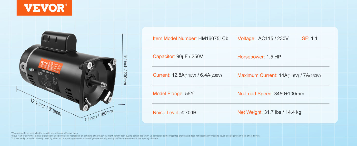 VEVOR pool pump motor specifications: 1.5 hp, 115/230v, 12.4"x7.1"x9.1", ≤70db, 31.7 lbs.