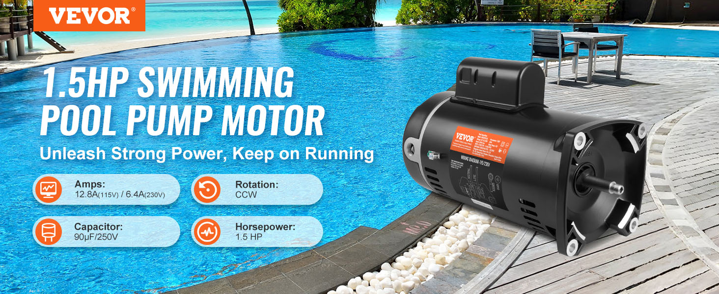 VEVOR pool pump motor by the poolside, showcasing 1.5hp power, 12.8a(115v), 6.4a(230v), 90uf/250v capacitor.