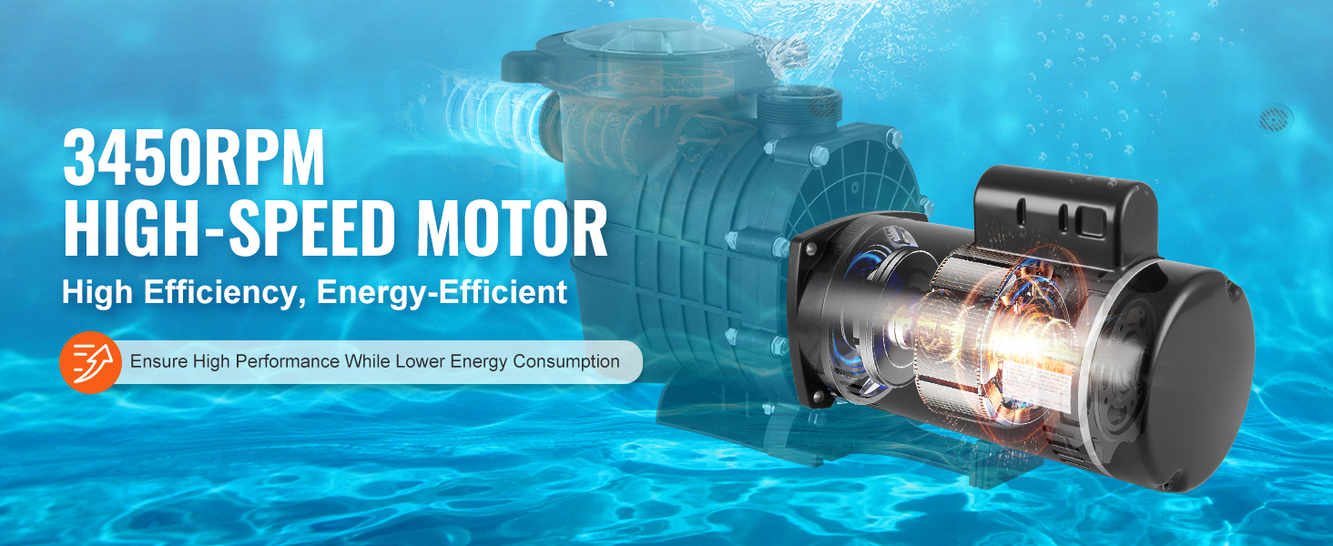 VEVOR pool pump motor with 3450rpm high-speed motor for high efficiency, energy-efficient performance.