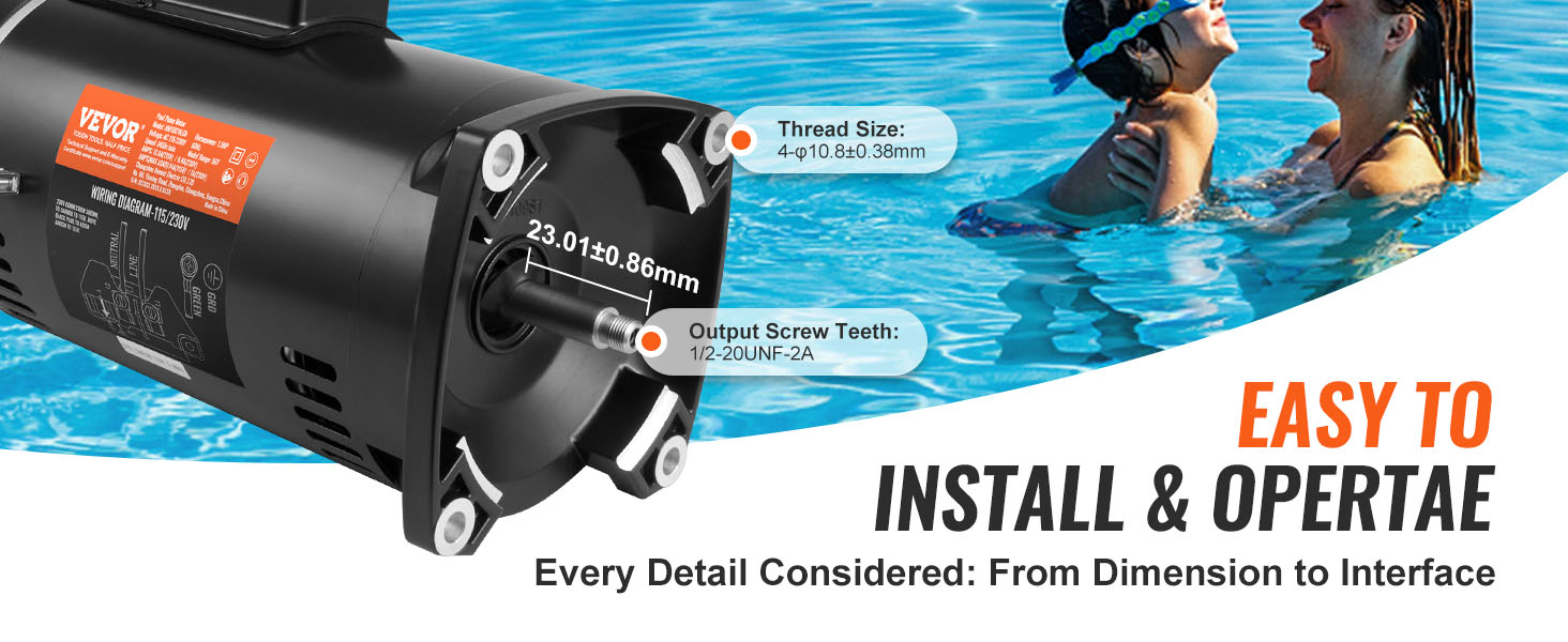 VEVOR pool pump motor with thread size and output screw teeth specifications, easy to install and operate.