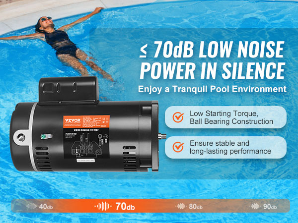 VEVOR pool pump motor, low noise, stable performance, tranquil pool environment, enjoy quiet operation.