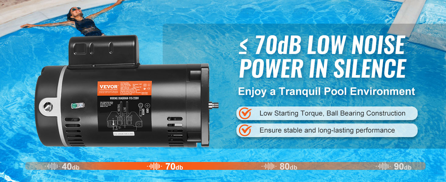 VEVOR pool pump motor, low noise, stable performance, tranquil pool environment, enjoy quiet operation.