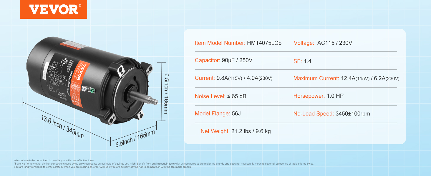 VEVOR pool pump motor, hm14075lcb, 1.0 hp, ac115/230v, 3450 rpm, 65 db, 90µf, 21.2 lbs