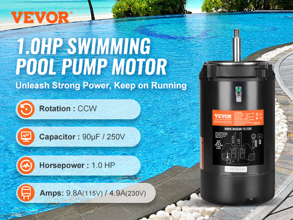 VEVOR pool pump motor 1.0hp beside a swimming pool, specs highlighted: 9.8a/4.9a, ccw, 90uf/250v.