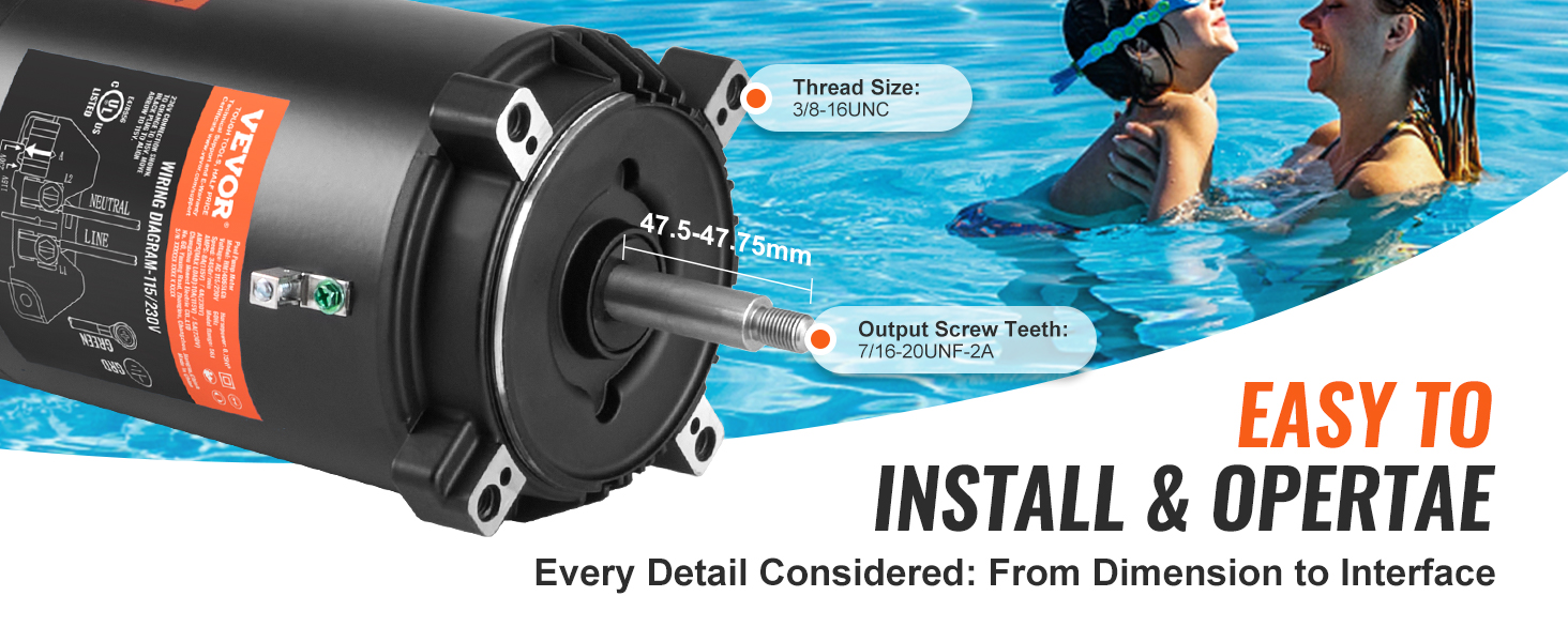 VEVOR pool pump motor with detailed specs, and two people swimming in the background, text overlay.