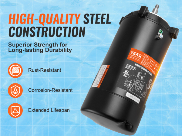 VEVOR pool pump motor with high-quality steel construction, rust-resistant, corrosion-resistant, extended lifespan.