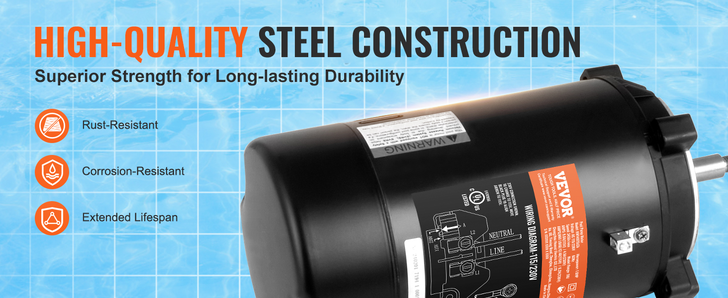 VEVOR pool pump motor with high-quality steel construction, rust-resistant, corrosion-resistant, extended lifespan.