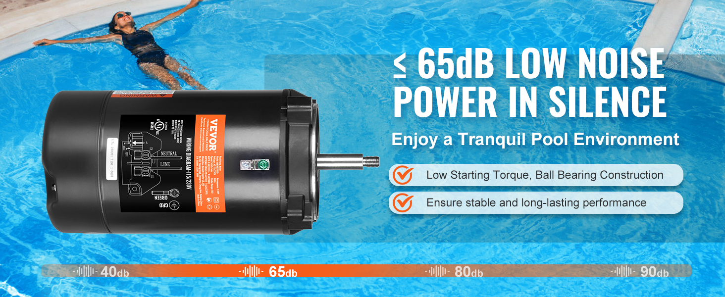 VEVOR pool pump motor with low noise operation, ensuring a tranquil pool environment and long-lasting performance.