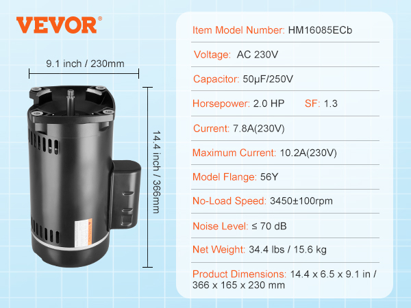 VEVOR baseina sūkņa motors ar 2,0 ZS, maiņstrāvas 230 V, 56y atloku un 3450 apgr./min apgriezieniem. izmēri: izmēri: 14,4 "x6,5 "x9,1".