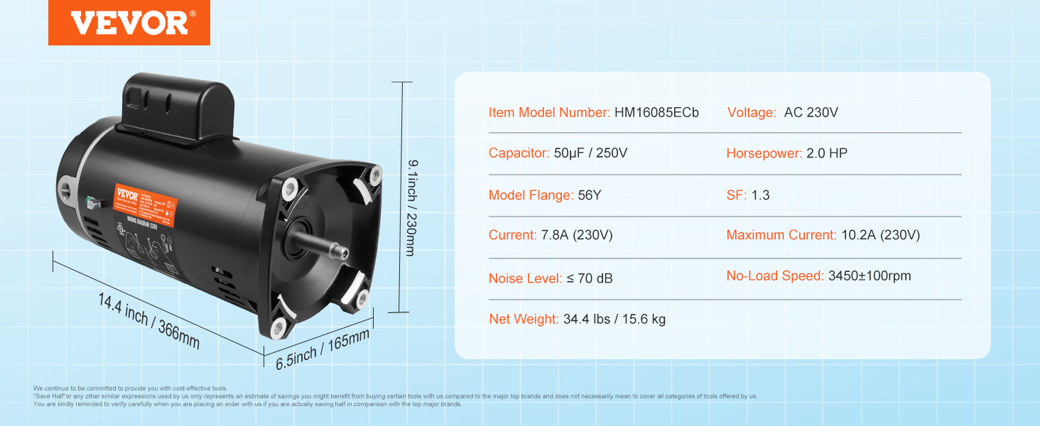 VEVOR baseina sūkņa motors ar 2,0 ZS, maiņstrāvas 230 V, 56y atloku un 3450 apgr./min apgriezieniem. izmēri: izmēri: 14,4 "x6,5 "x9,1".