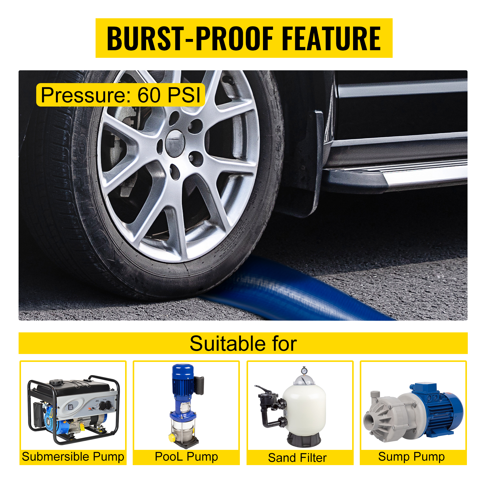 VEVOR discharge hose with burst-proof feature under 60 psi pressure, suitable for various pumps.