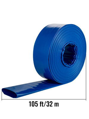 blue VEVOR discharge hose 105 ft/32 m coiled, showing the length clearly marked.
