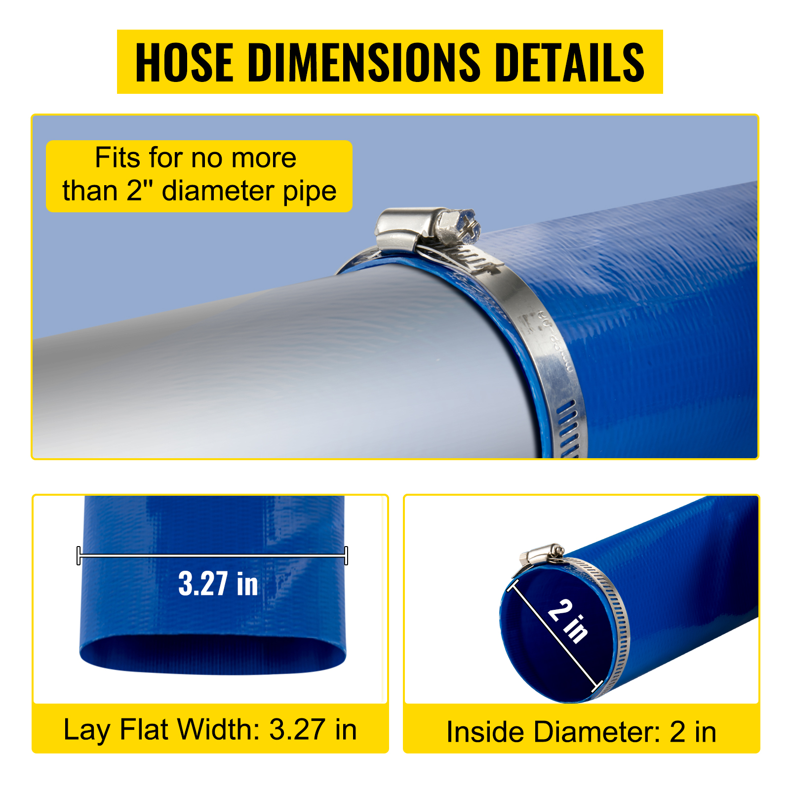 VEVOR discharge hose dimensions: 2 in diameter, 3.27 in lay flat width.