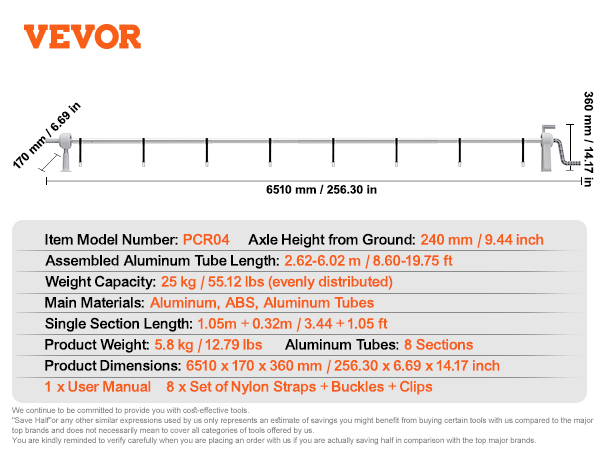 VEVOR pool cover reel dimensions, weight capacity, and material details with model number pcr04.