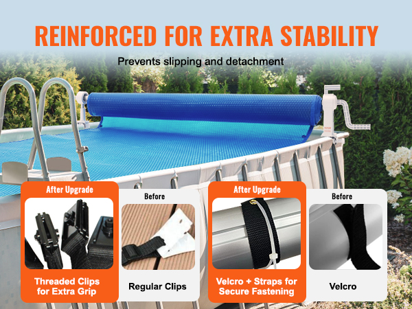 VEVOR pool cover reel with upgraded threaded clips and velcro straps for extra stability and secure fastening.