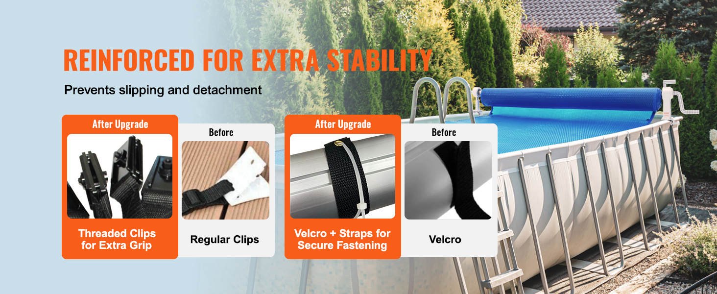 VEVOR pool cover reel with upgraded threaded clips and velcro straps for extra stability and secure fastening.