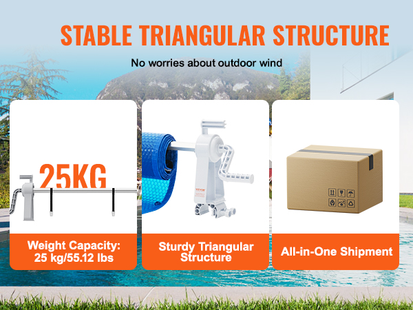 VEVOR pool cover reel with 25kg capacity, sturdy triangular structure, and convenient shipment.