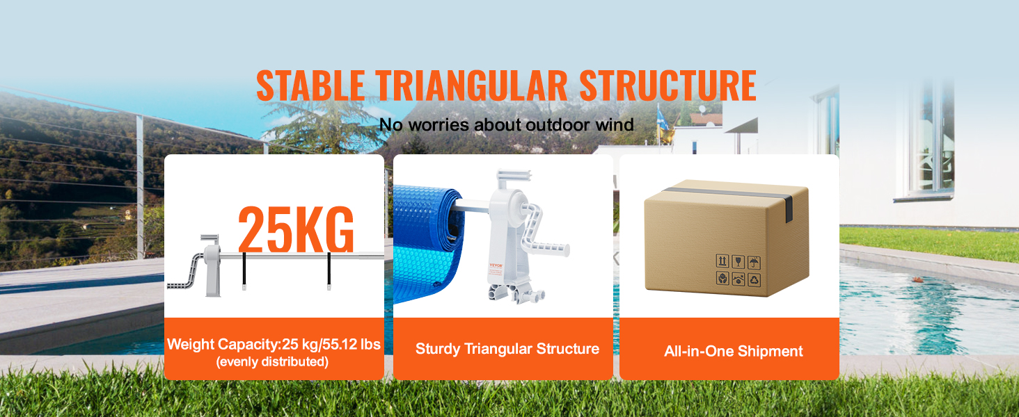 VEVOR pool cover reel with 25kg capacity, sturdy triangular structure, and convenient shipment.