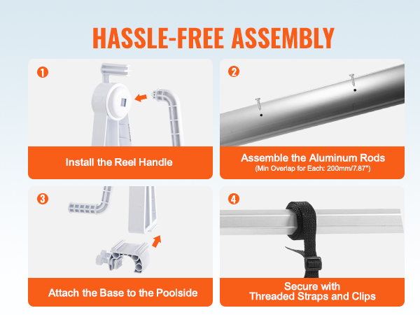 VEVOR pool cover reel assembly steps: install handle, assemble aluminum rods, attach base, secure with straps.