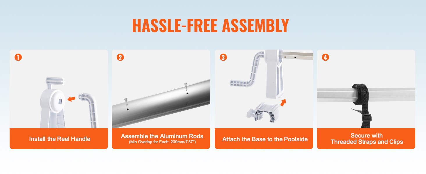 VEVOR pool cover reel assembly steps: install handle, assemble aluminum rods, attach base, secure with straps.