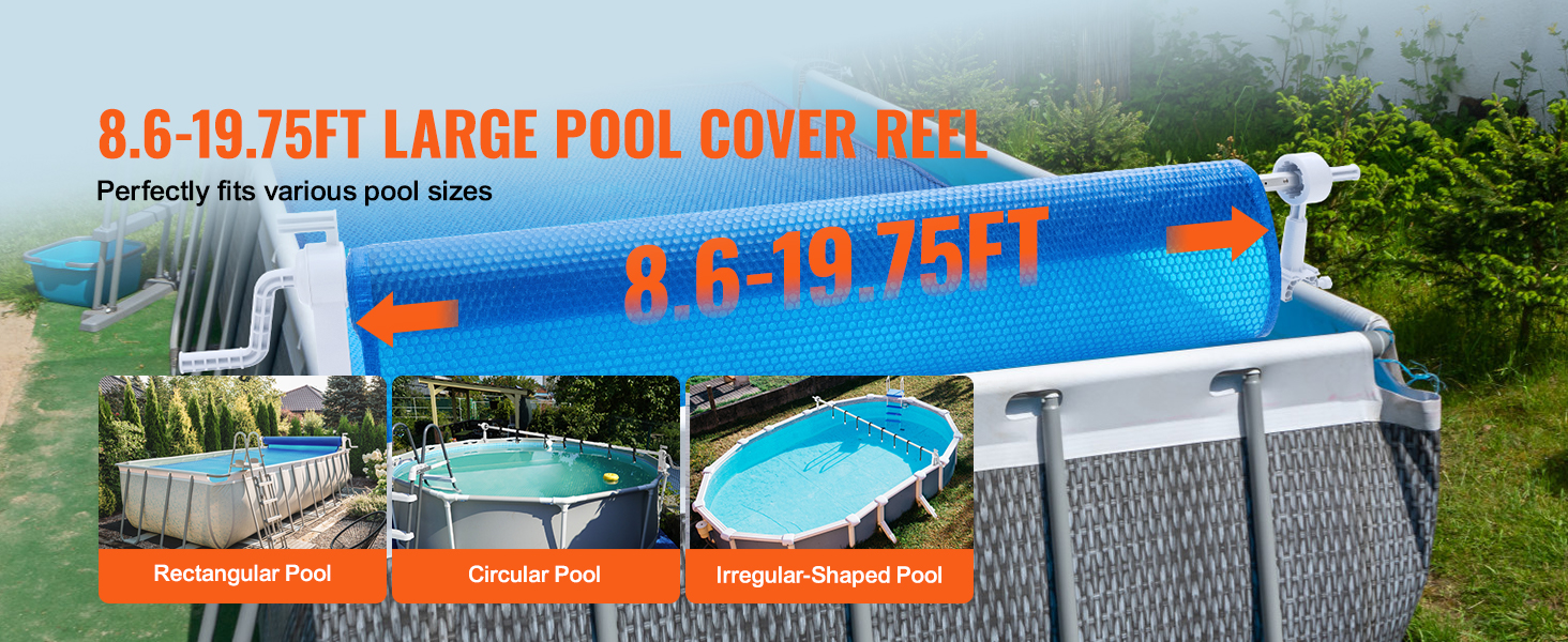 VEVOR pool cover reel fits various pool sizes from 8.6 to 19.75 ft, perfect for rectangular, circular, and irregular pools.