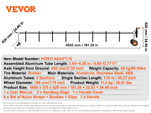 VEVOR pool cover reel with aluminum tubes, rubber tires, and nylon straps, dimensions and details listed.