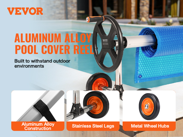 VEVOR pool cover reel with aluminum alloy construction, stainless steel legs, and metal wheel hubs.