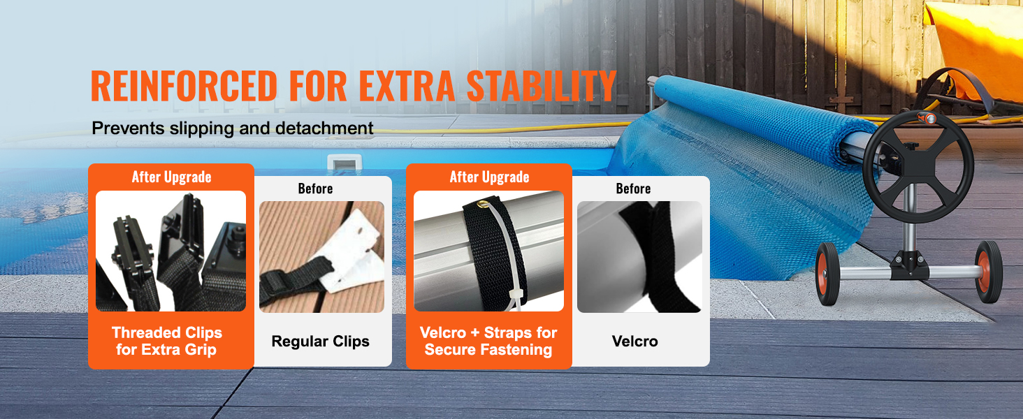 VEVOR pool cover reel with upgraded threaded clips and velcro straps for extra stability and secure fastening.