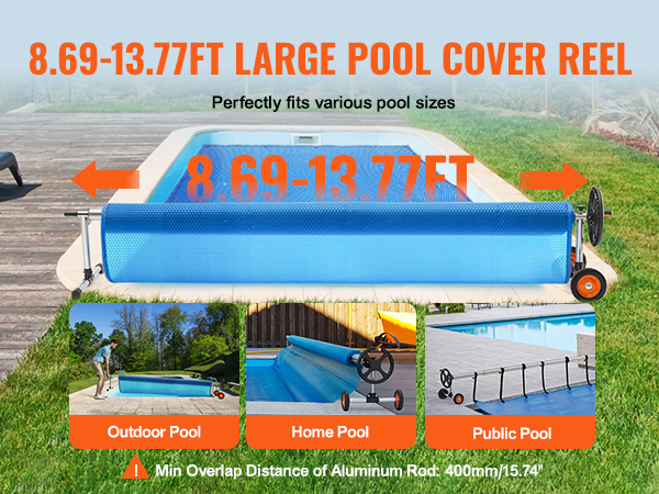 VEVOR pool cover reel, adjustable from 8.69 to 13.77ft, suitable for outdoor, home, and public pools.