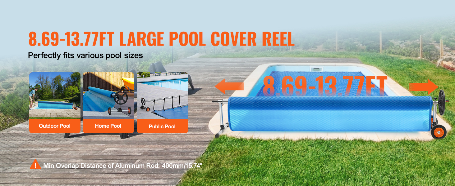 VEVOR pool cover reel, adjustable from 8.69 to 13.77ft, suitable for outdoor, home, and public pools.