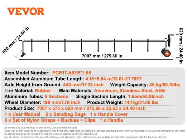 VEVOR pool cover reel with 5 aluminum tube sections, 40kg capacity, and 198mm wheel diameter.