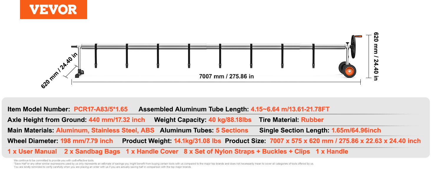 VEVOR pool cover reel with 5 aluminum tube sections, 40kg capacity, and 198mm wheel diameter.