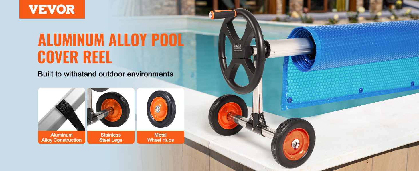 VEVOR pool cover reel with aluminum alloy construction, stainless steel legs, and metal wheel hubs.