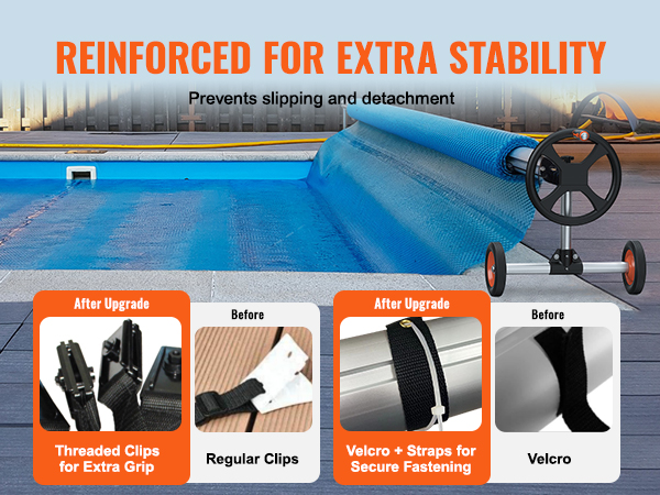 VEVOR pool cover reel upgrades: threaded clips and velcro straps for enhanced stability and secure fastening.
