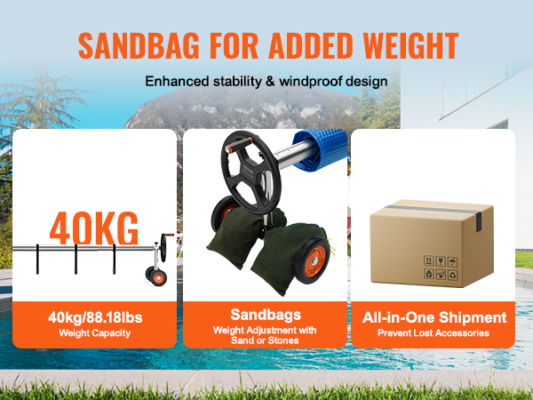 VEVOR pool cover reel with 40kg weight capacity, sandbags for stability, and all-in-one shipment.