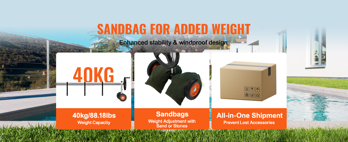 VEVOR pool cover reel with 40kg weight capacity, sandbags for stability, and all-in-one shipment.