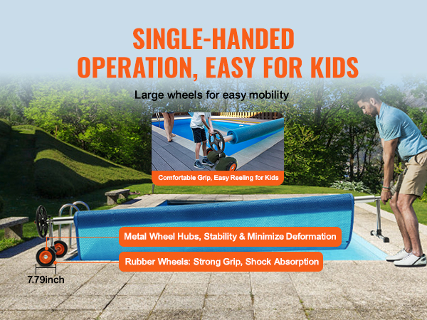 single-handed VEVOR pool cover reel with large wheels for easy mobility and comfortable grip for kids.