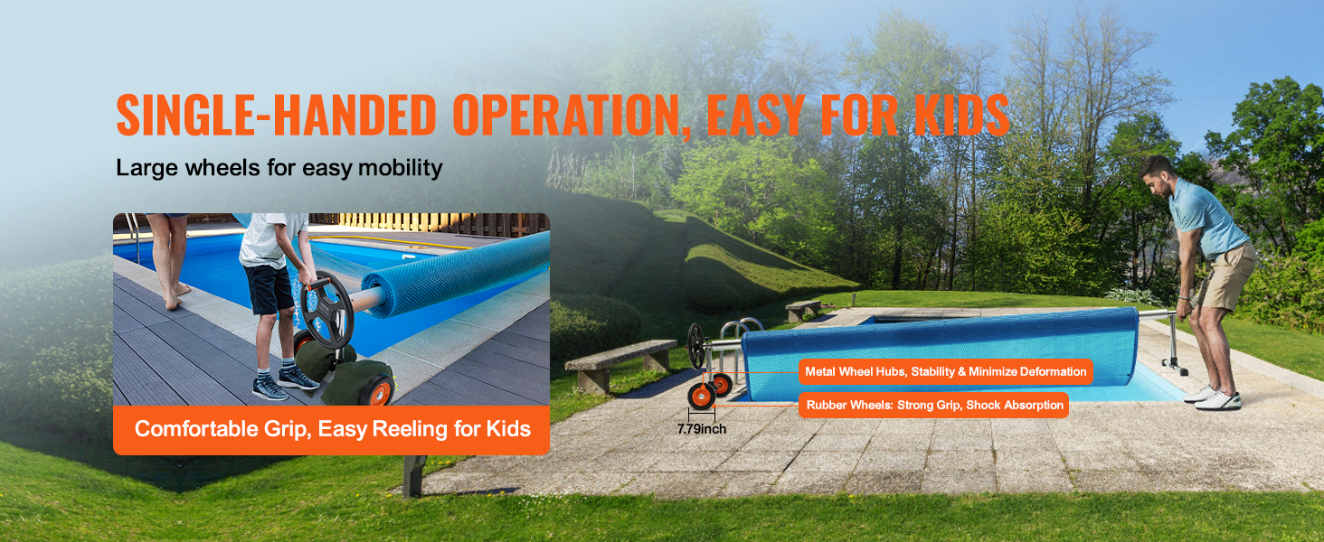 single-handed VEVOR pool cover reel with large wheels for easy mobility and comfortable grip for kids.