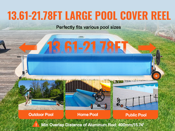 VEVOR pool cover reel for 13.61-21.78ft pools, suitable for outdoor, home, and public pools.