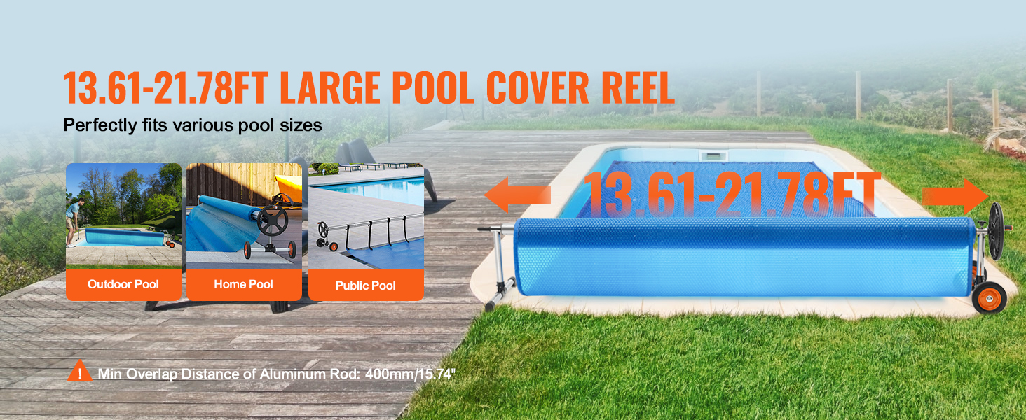 VEVOR pool cover reel for 13.61-21.78ft pools, suitable for outdoor, home, and public pools.