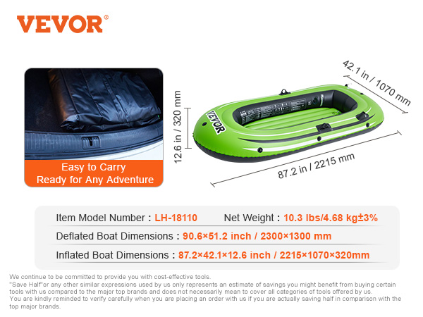 VEVOR inflatable fishing boat, green, compact, dimensions: 87.2x42.1x12.6 inches, easy to carry folded.