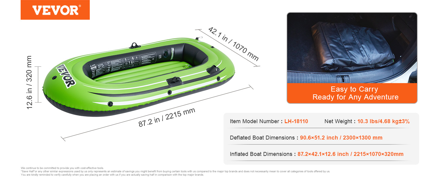 VEVOR inflatable fishing boat, green, compact, dimensions: 87.2x42.1x12.6 inches, easy to carry folded.