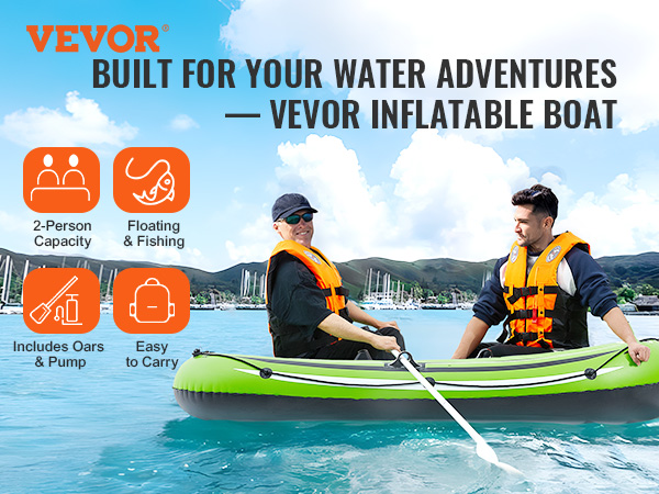 VEVOR inflatable fishing boat for 2 with oars, pump, and life jackets on a scenic water backdrop